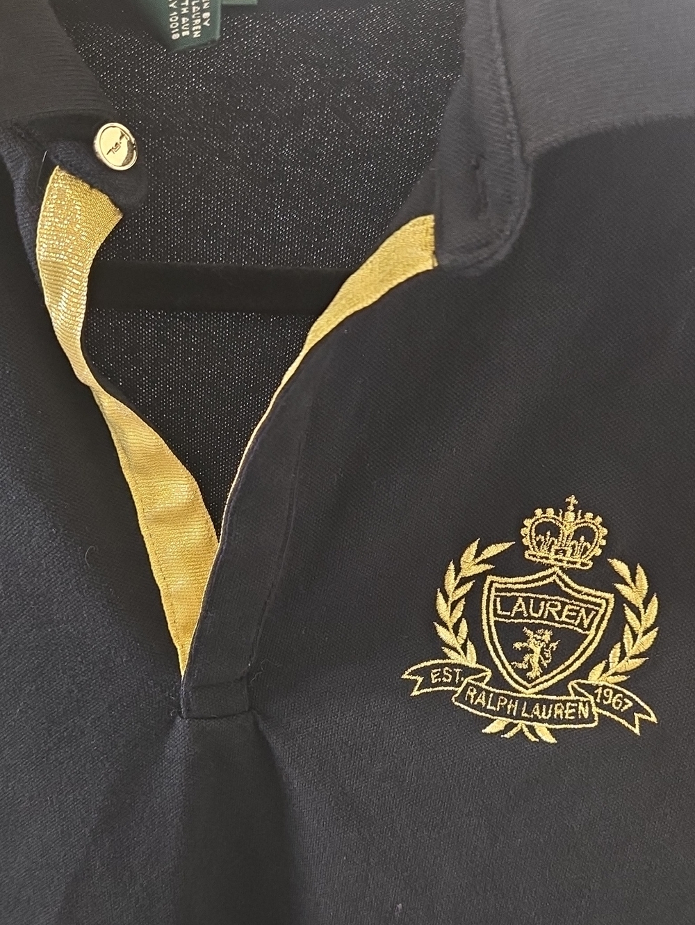 Lauren Active Ralph Lauren Black 3/4 Sleeve Top Gold Embroidered Logo, Small - Picture 4 of 4